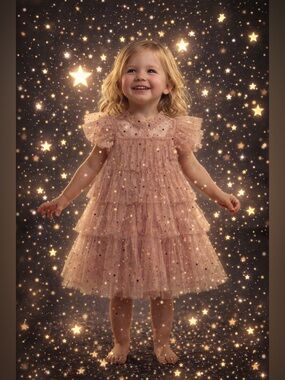 Girls Pink Star Tulle Party Dress